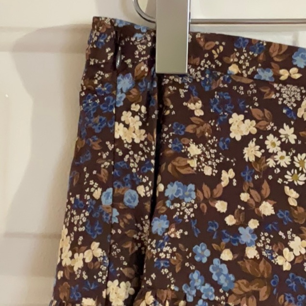 Reformation Brown Floral Midi Skirt with Blue & Cream Blossoms - Picture 12 of 13